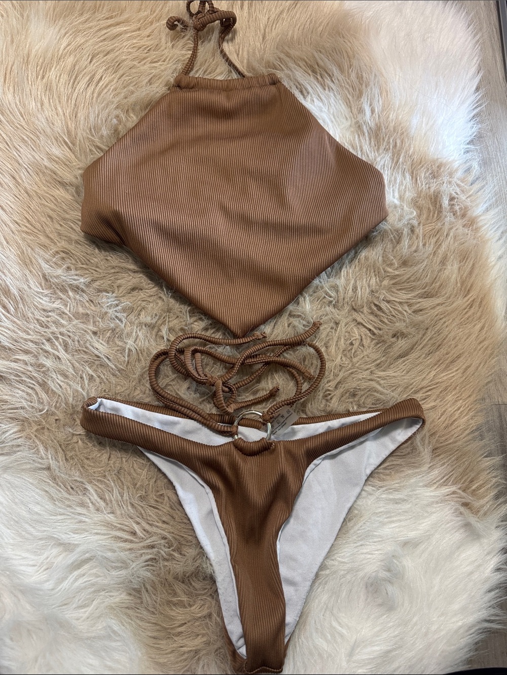 Ribbed Brown Two-Piece Halter Bikini Set